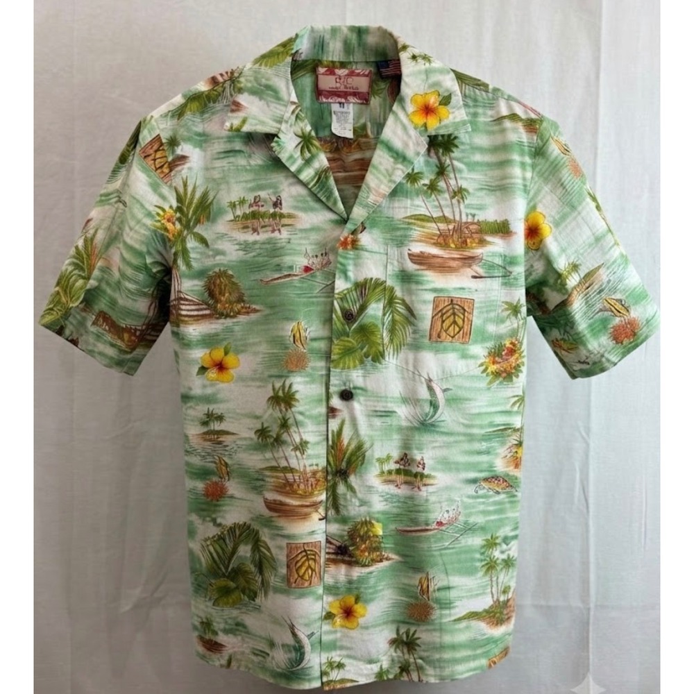 RJC Hawaiian Shirt Mens Medium Green‎ Scenic Hula Canoe Made in Hawaii USA